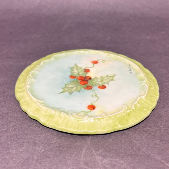 De Luca Hand Painted Holly Berries Trivet Plate Ceramic Green Christmas Holiday - Picture 5 of 10